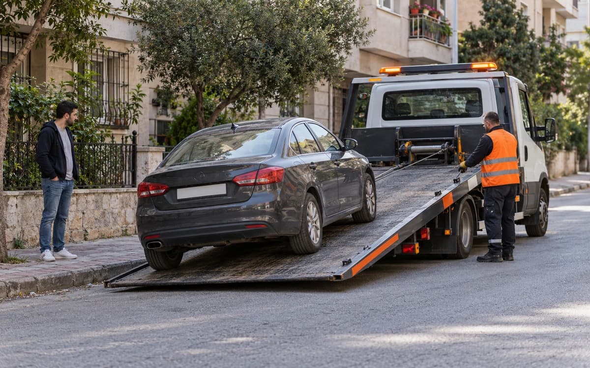 Gündüz ara sokakta turuncu yelekli operatör bir otomobili vinçle kayar kasalı çekiciye yüklüyor, araç sahibi kaldırımdan izliyor