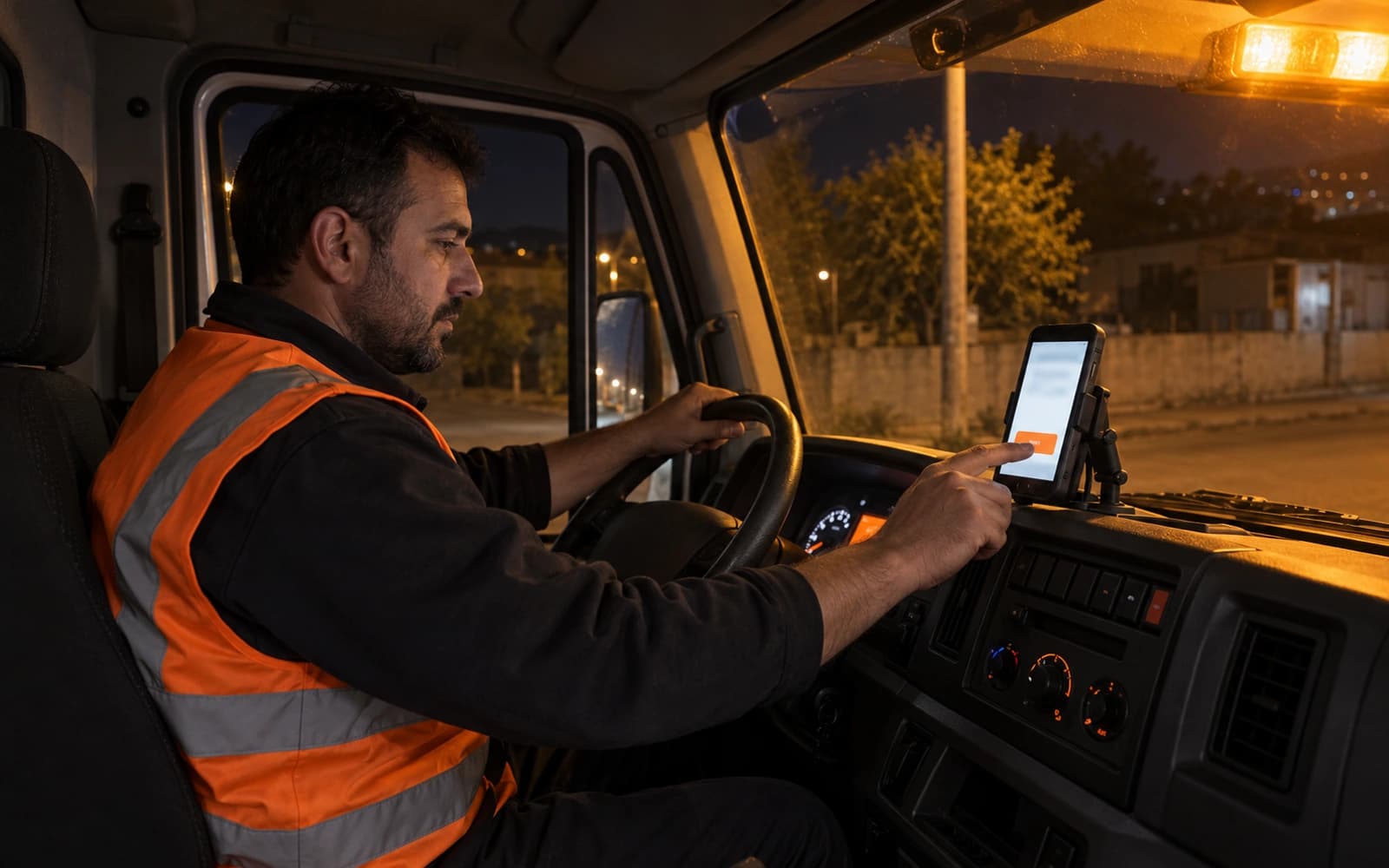 Gece park halindeki çekicinin kabininde turuncu yelekli operatör torpidodaki telefondan işi kabul ediyor