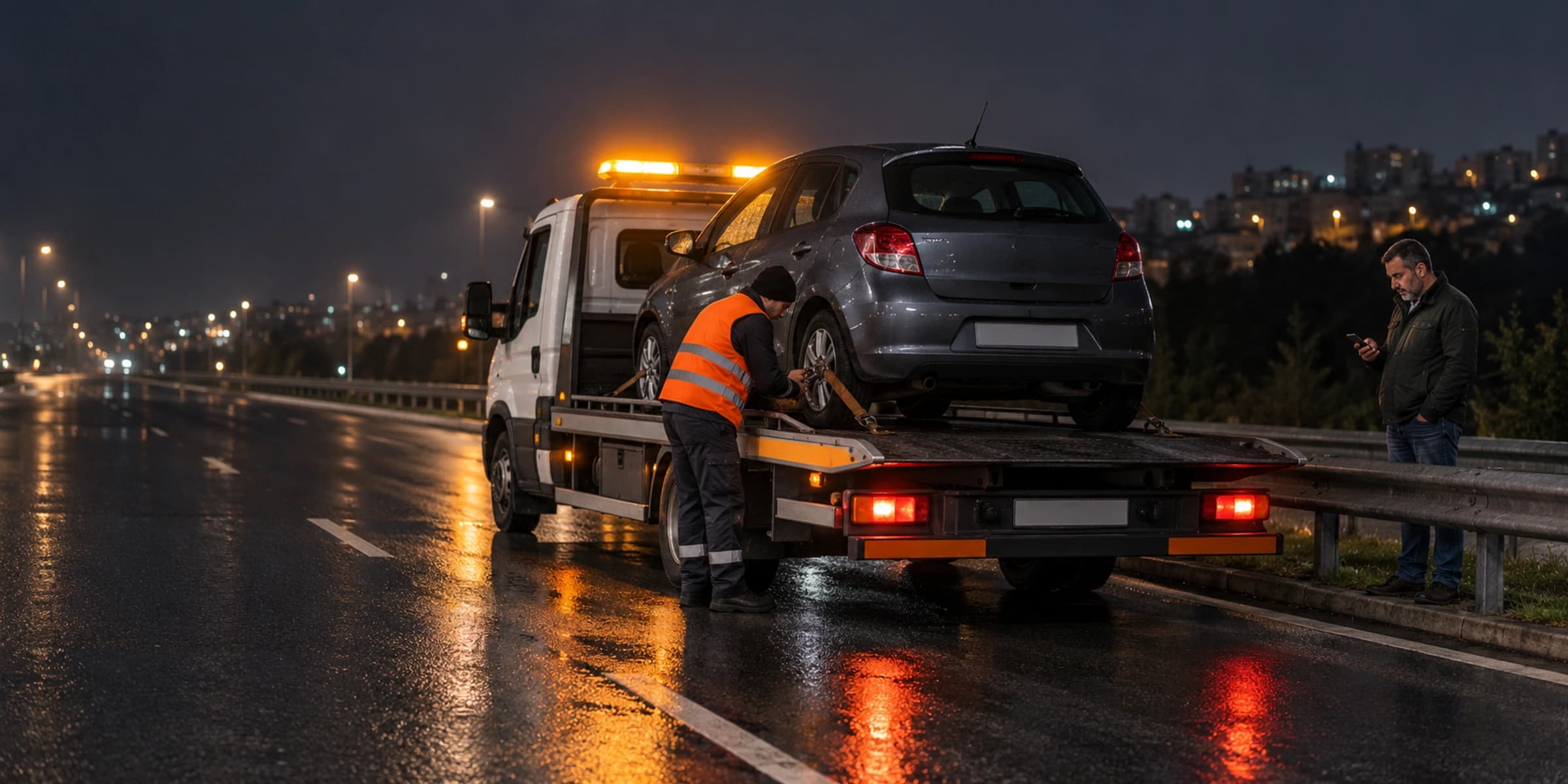 Gece otoyol kenarında oto çekici operatörü bir otomobili kayar kasaya bağlarken araç sahibi bariyerin arkasında güvenle bekliyor