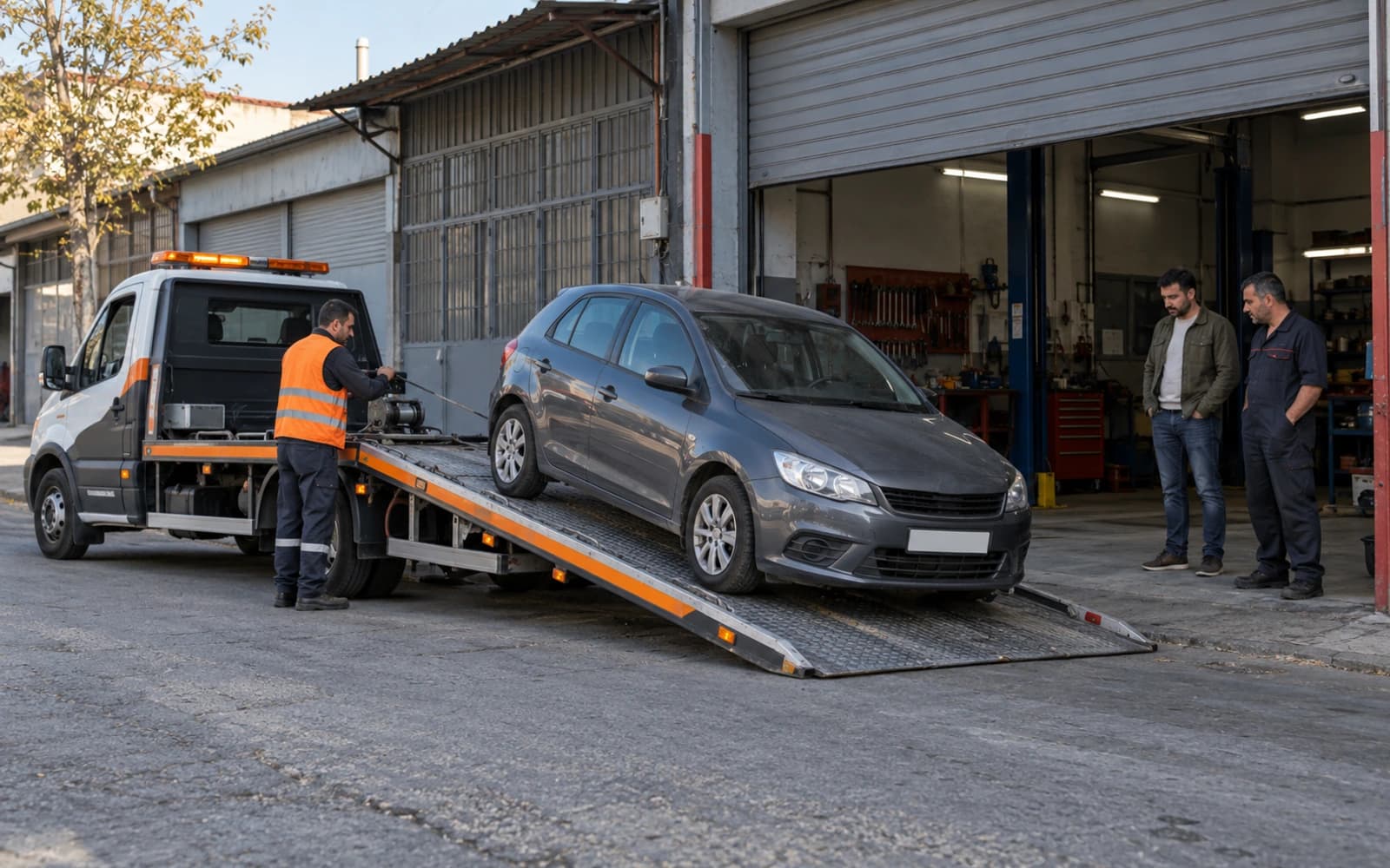Sabah bir servis atölyesinin önünde operatör otomobili kayar kasanın rampasından indiriyor, araç sahibi ve usta izliyor