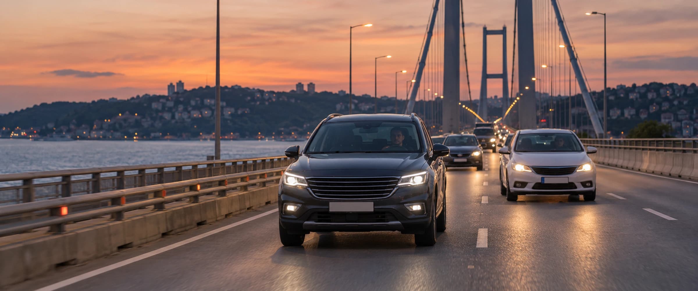 Trafikli modern bir asma köprü yaklaşım yolu, alacakaranlık (bölge tipini temsil eden görsel)