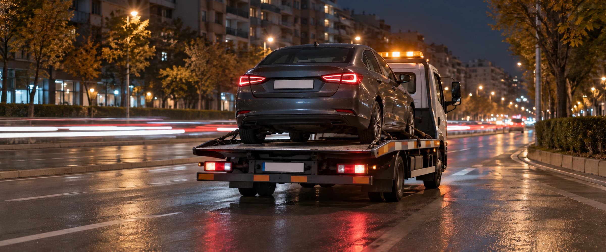 Büyükşehir bulvarında gece ışık izleri, sağ şeritte bir çekici (bölge tipini temsil eden görsel)