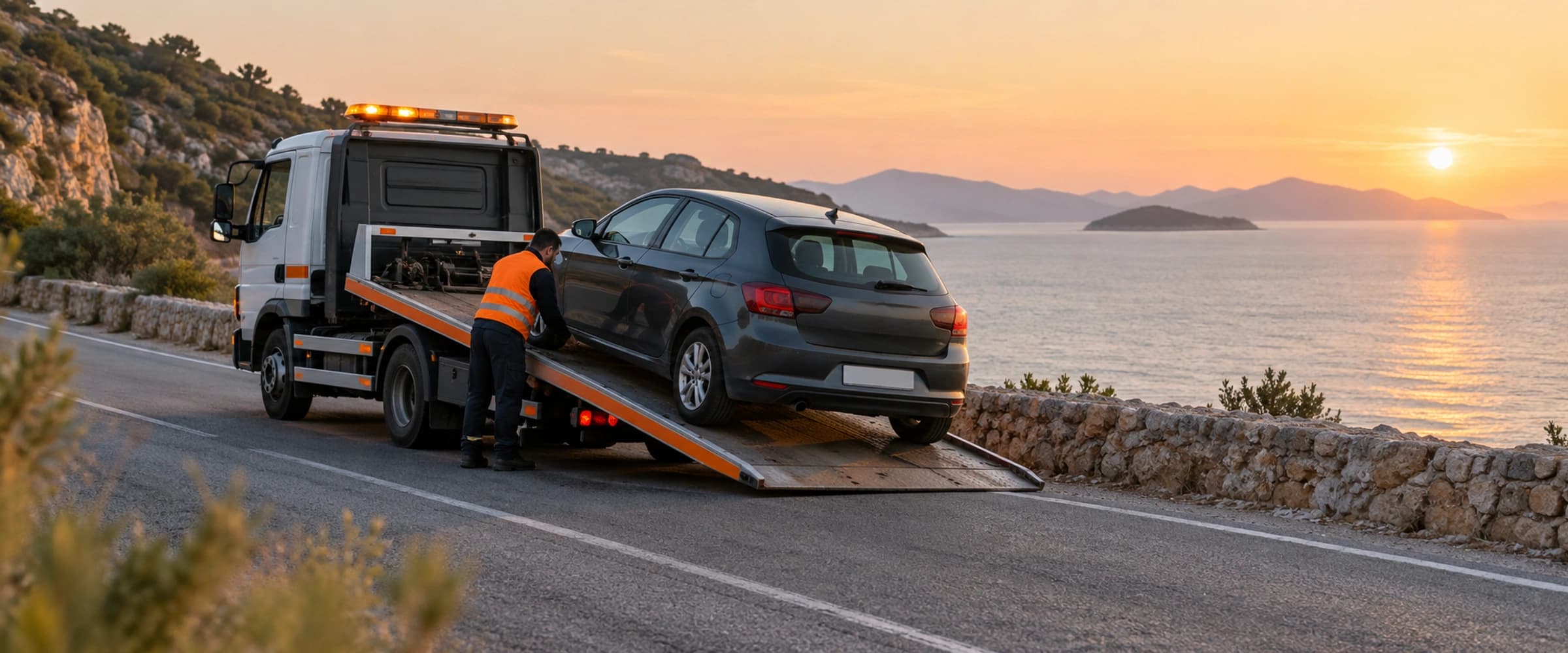 Ege ya da Akdeniz kıyısında bir sahil yolu, araç ve çekici, ikindi ışığı (bölge tipini temsil eden görsel)