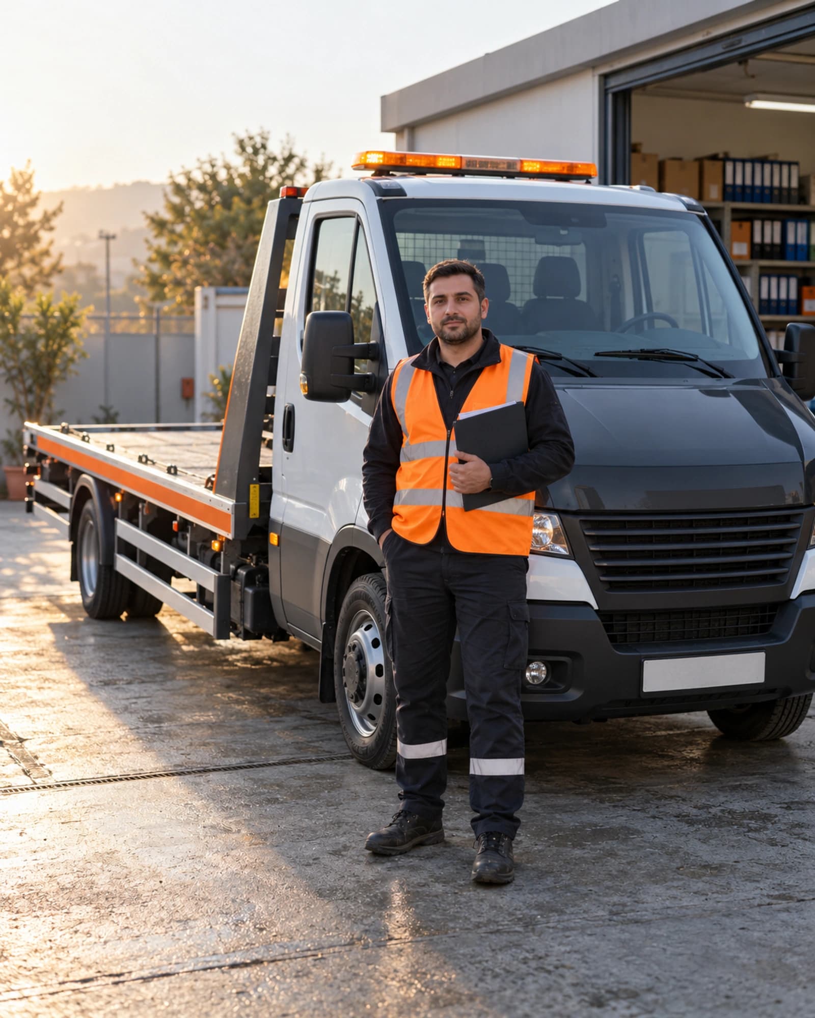 Temiz bir çekicinin yanında üniformalı, sakin bir operatör; kartındaki yazı okunmuyor