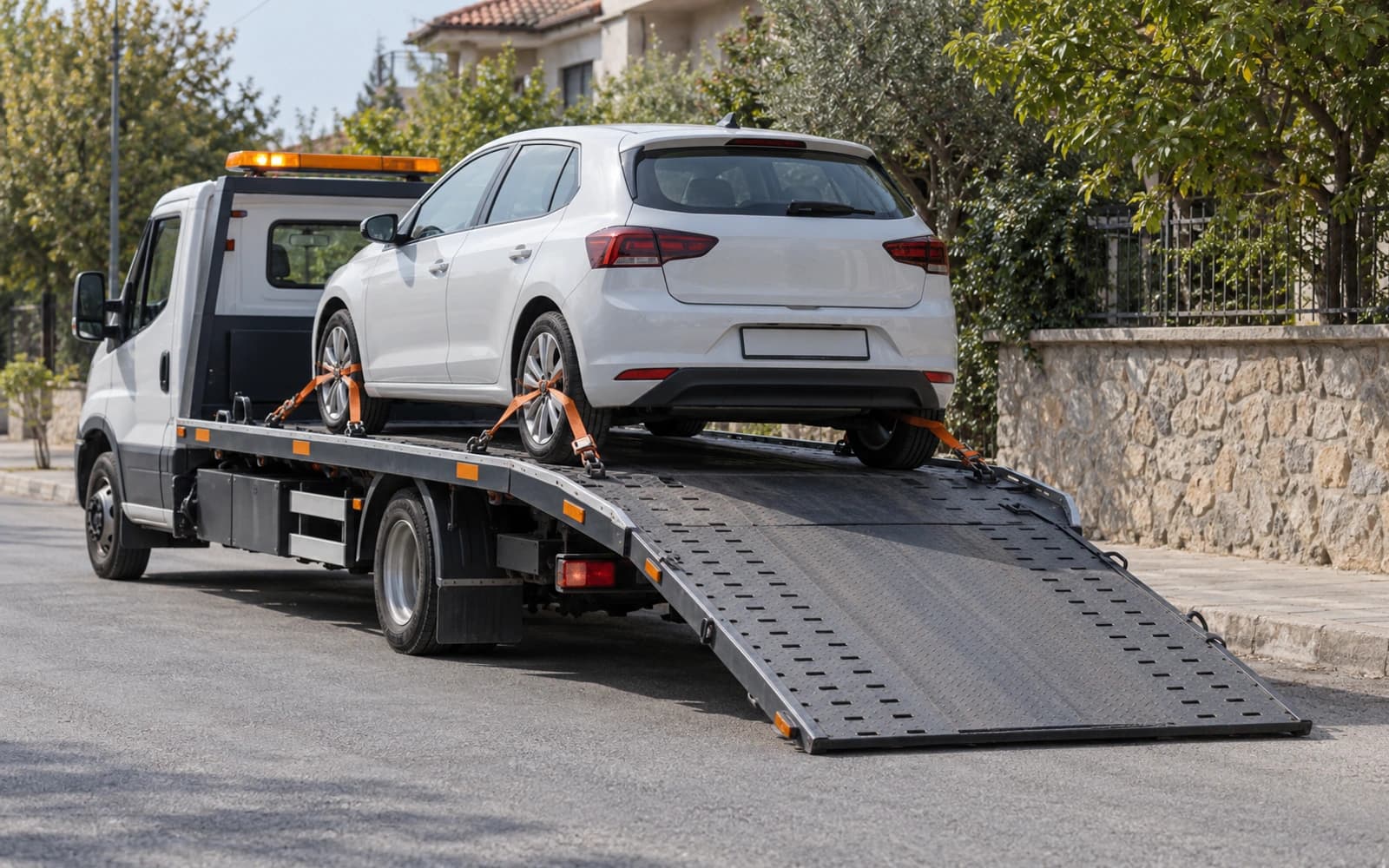 Kayar kasadaki bir otomobilin dört noktadan kayışlarla sabitlenmiş tekerlekleri