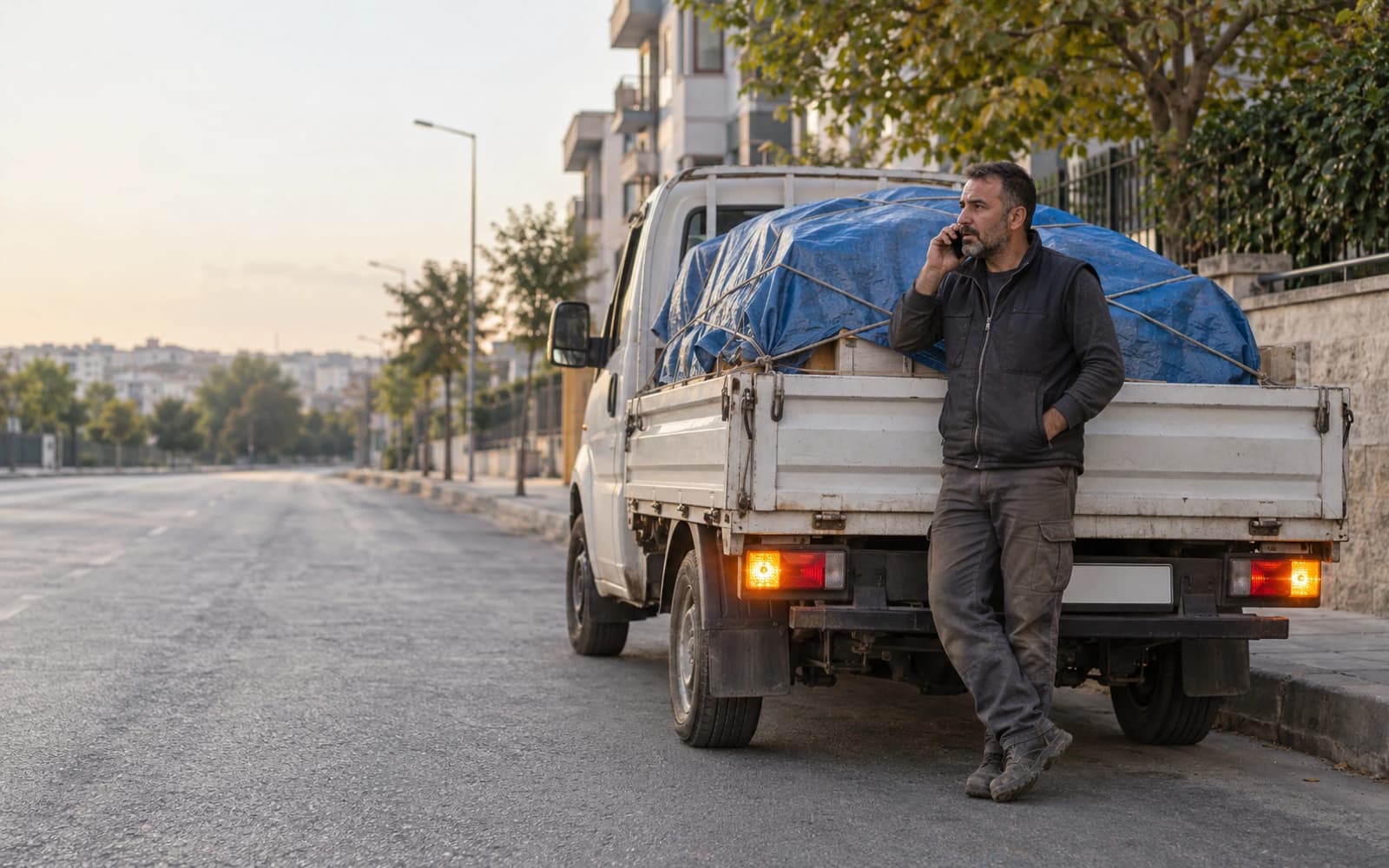 Bir esnafın şehir içinde dörtlü flaşörleri yanan kamyonetinin yanında telefonla konuşurken beklemesi