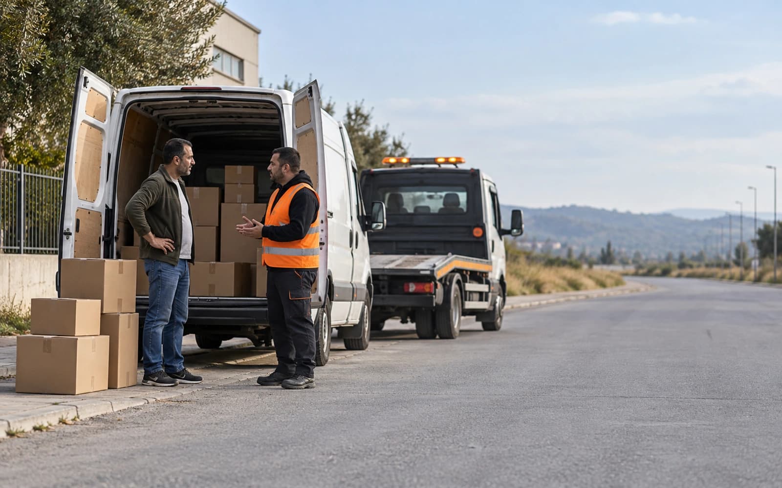 Sanayi sitesinde kayar kasaya çıkarılmış beyaz panelvan, yanda boşaltılmış koli yığını ve çekicinin operatörü