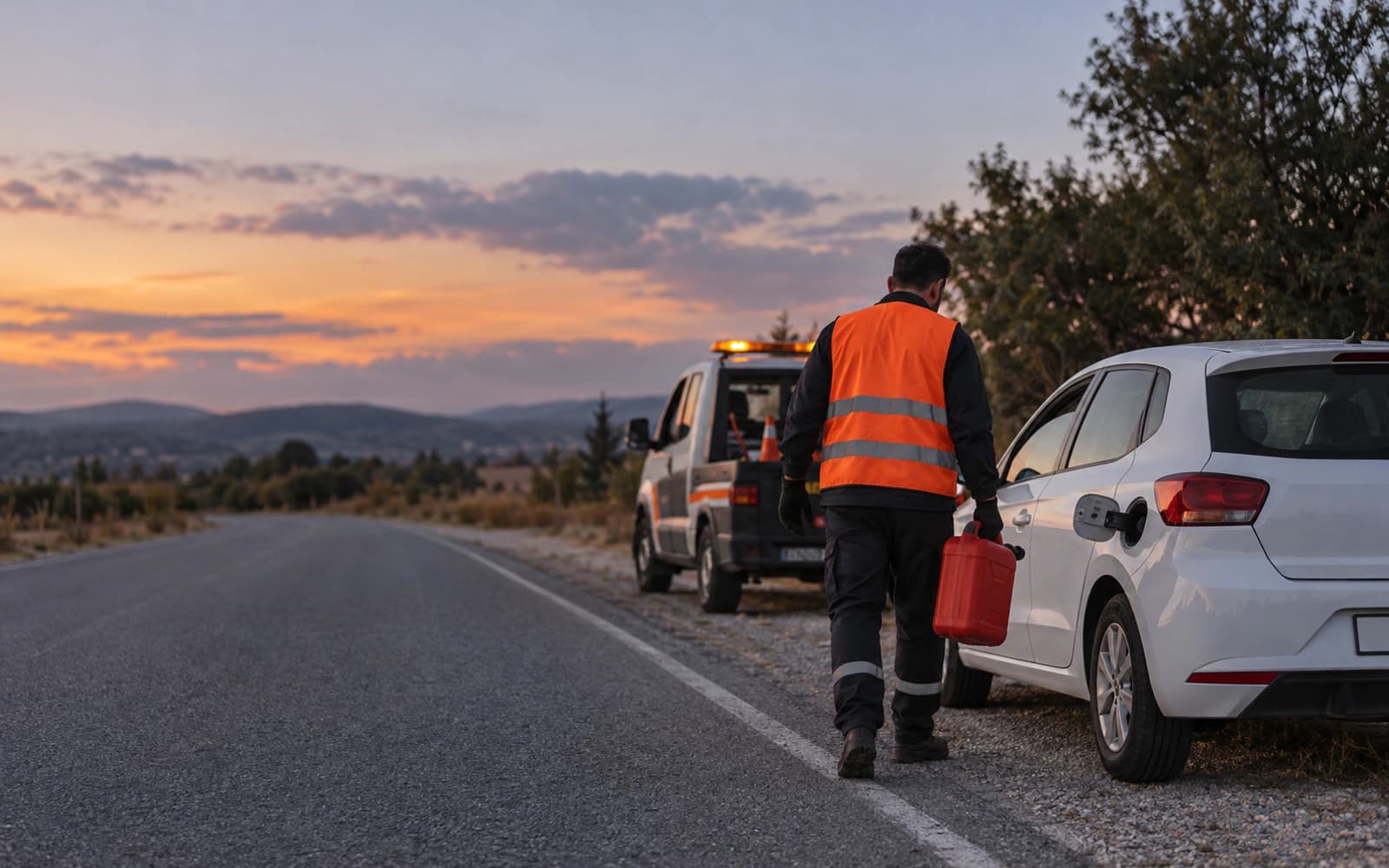 Alacakaranlıkta kırsal yolda yakıt kapağı açık araca yakıt kabıyla yürüyen yol yardım operatörü