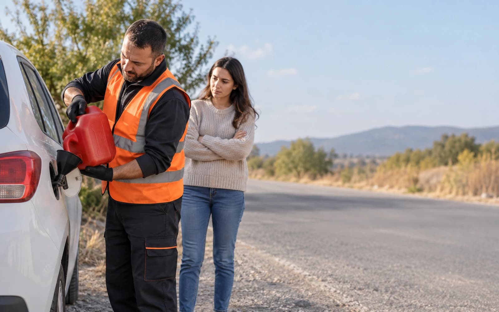 Onaylı yakıt kabından huni ile araç deposuna yakıt koyan operatör, sahibi yanda bekliyor