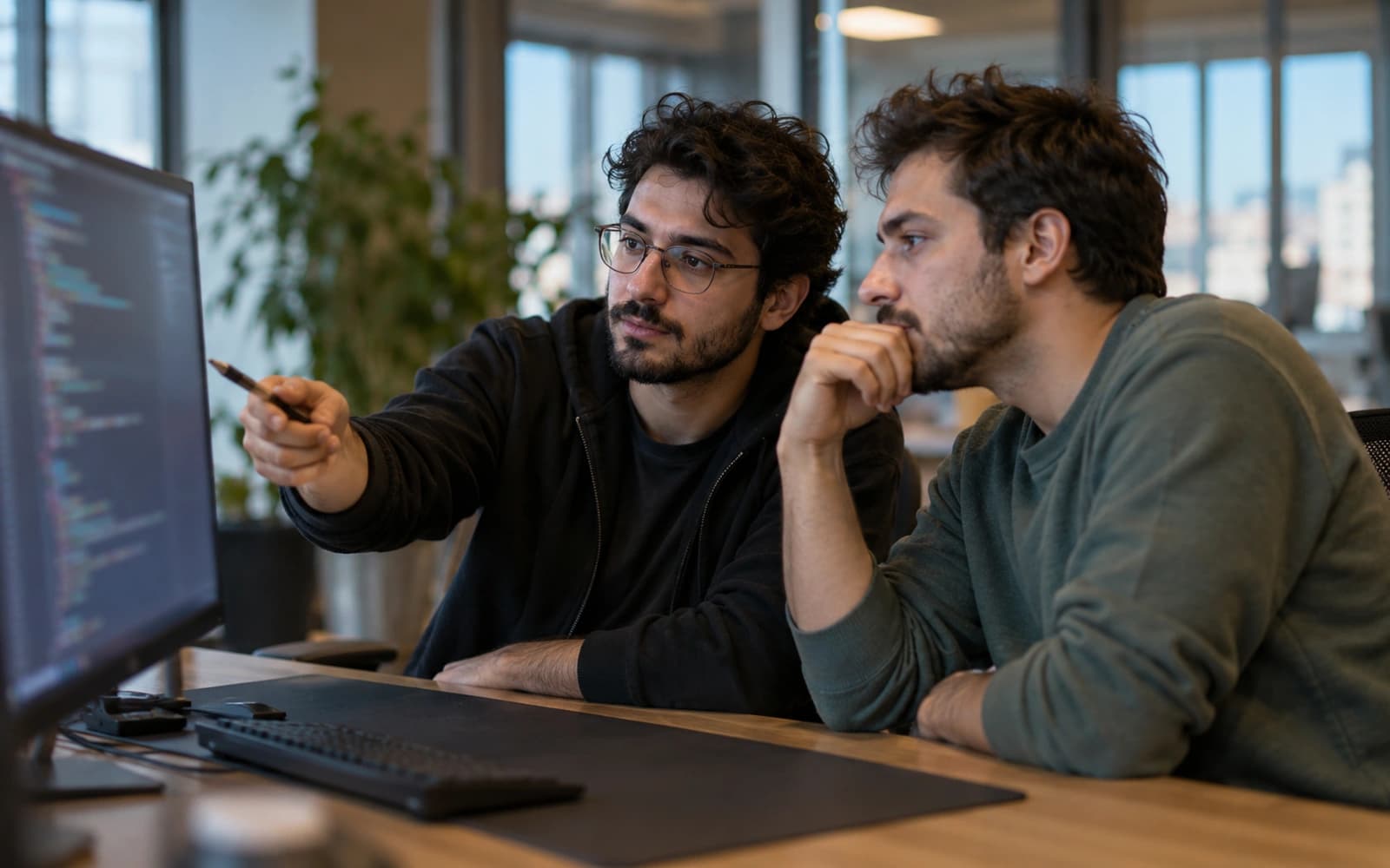 Teknopark ofisinde iki meslektaşın bir ekran karşısında kod gözden geçirmesi