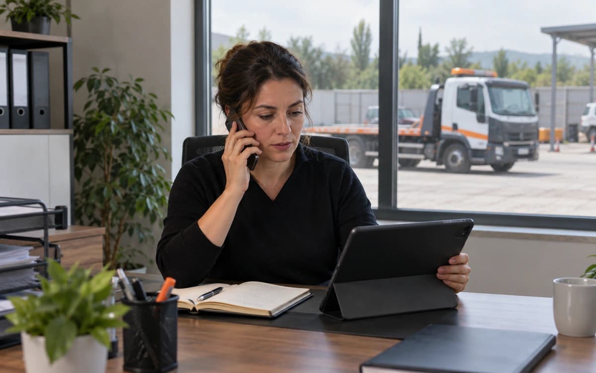 Telefonla konuşurken tabletindeki filo listesine bakan filo yöneticisi