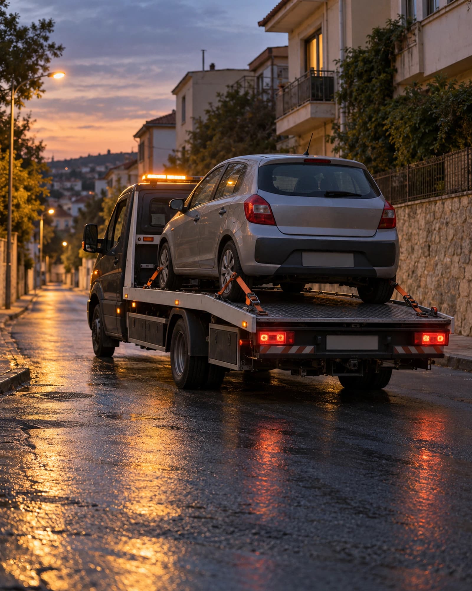 Akşamüstü sakin bir sokakta, kayar kasasına bir otomobil bağlanmış koyu renkli çekici