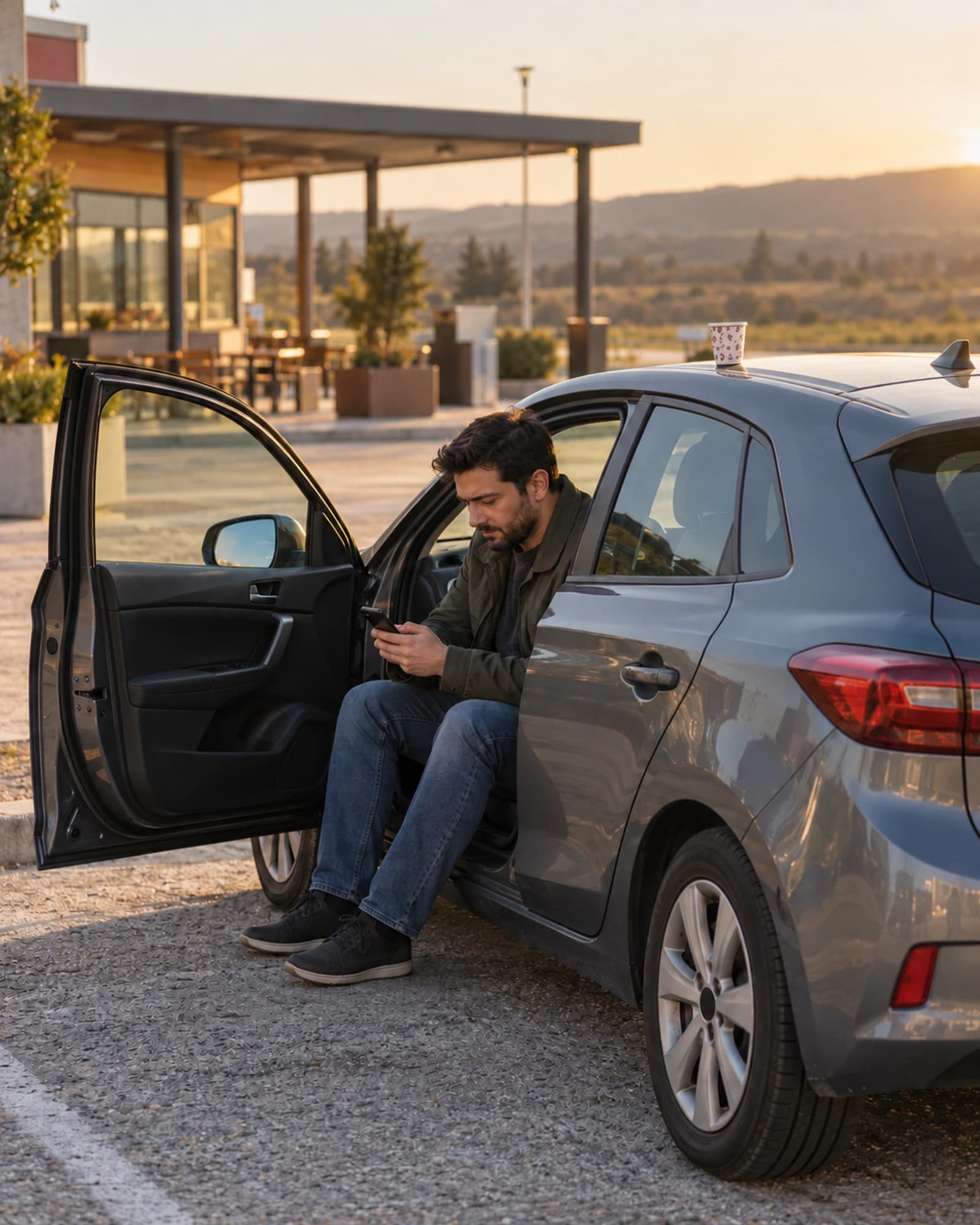Otoyol dinlenme tesisinde, park etmiş otomobilinin açık kapısında oturup telefonundan okuyan sürücü