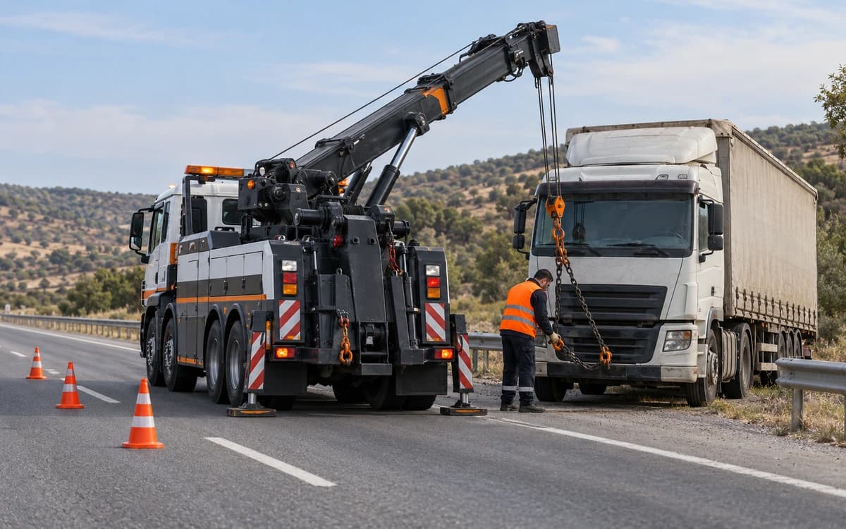 Karayolu kenarında ağır vasıta kurtarıcı çekici, arızalı bir kamyonu çekmeye hazırlanıyor