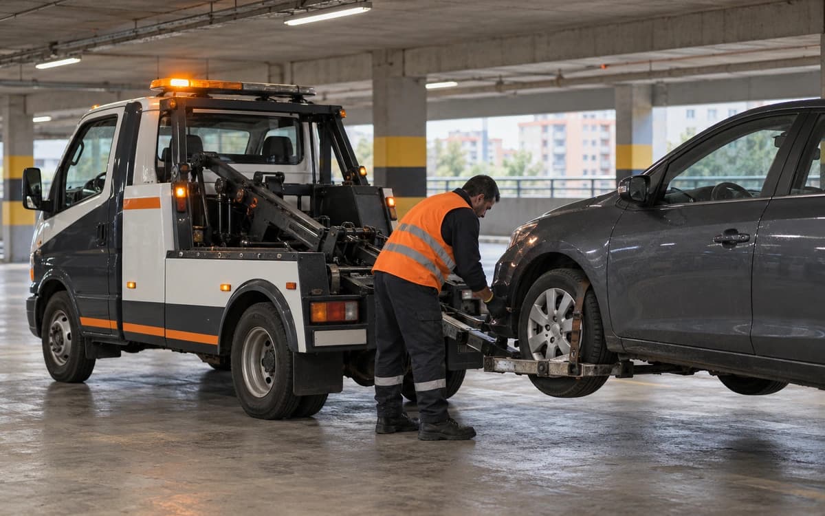 Çok katlı otoparkta kompakt bir aracın ön tekerleklerini kaldıran çekici, operatör kavrama aparatını kontrol ediyor