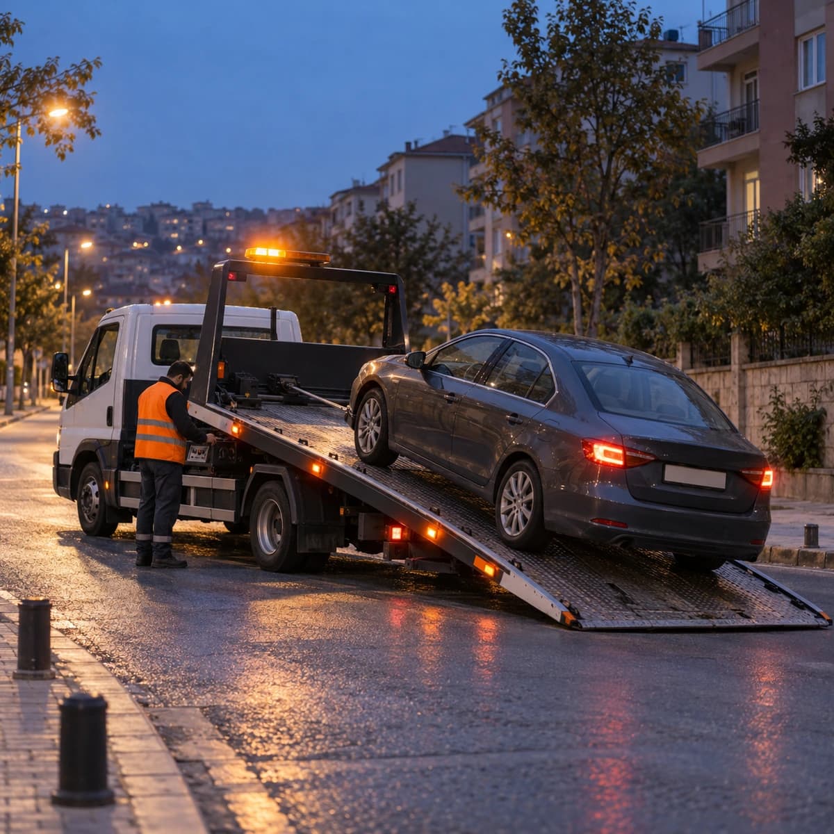 Mavi saatte şehir caddesinde oto çekici operatörü, vinç kumandasını kullanarak bir sedanı kayar kasaya çıkarıyor