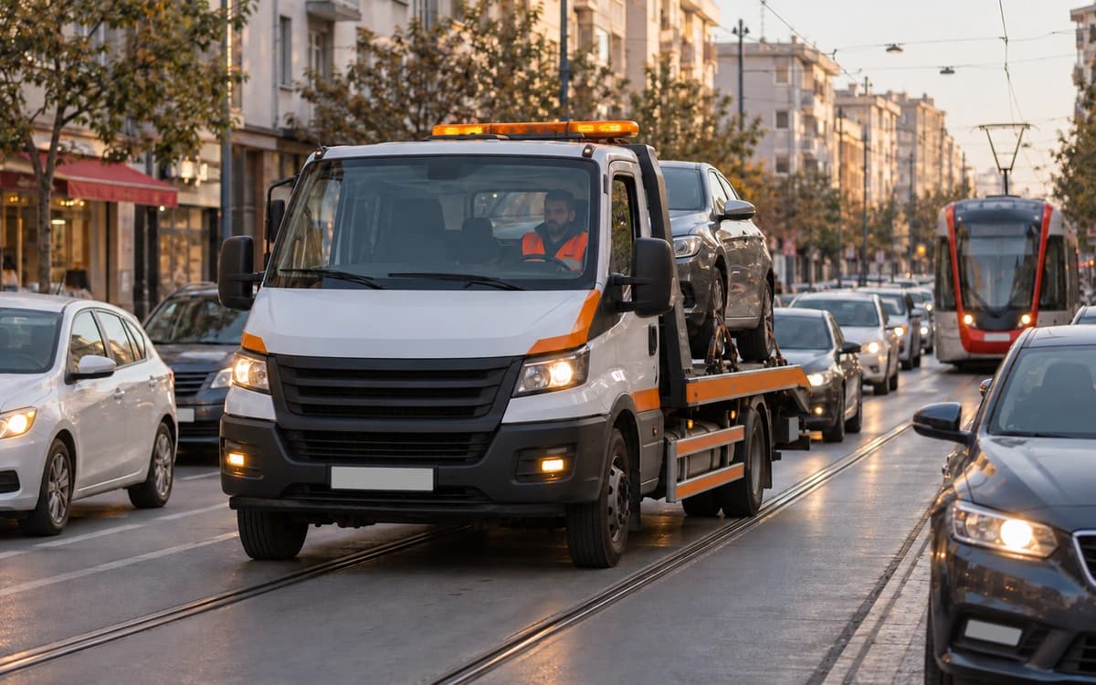 Tramvay hatlı yoğun bir şehir caddesinde araç taşıyan çekici, ikindi ışığı