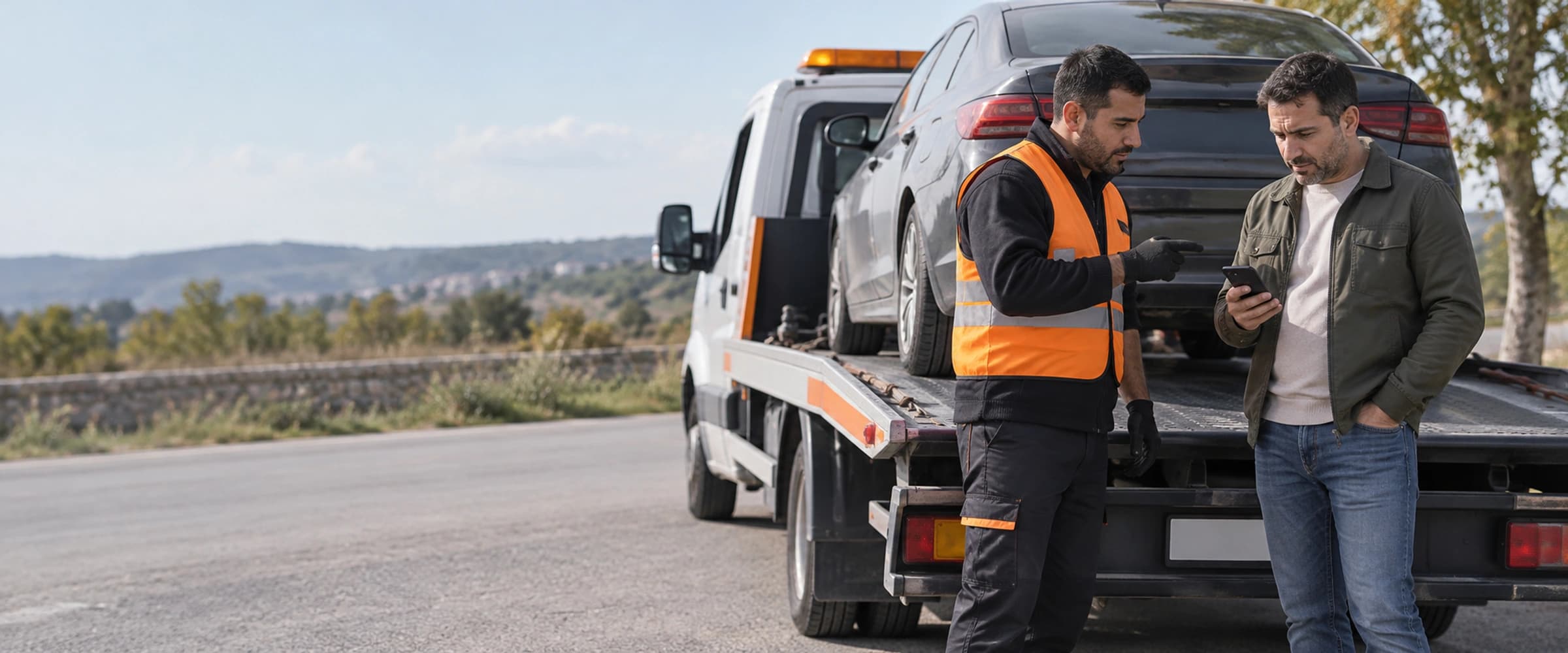 Kayar kasalı çekicinin arkasında çekici sürücüsü ile müşteri, müşterinin elinde telefon, gün ışığında konuşuyorlar
