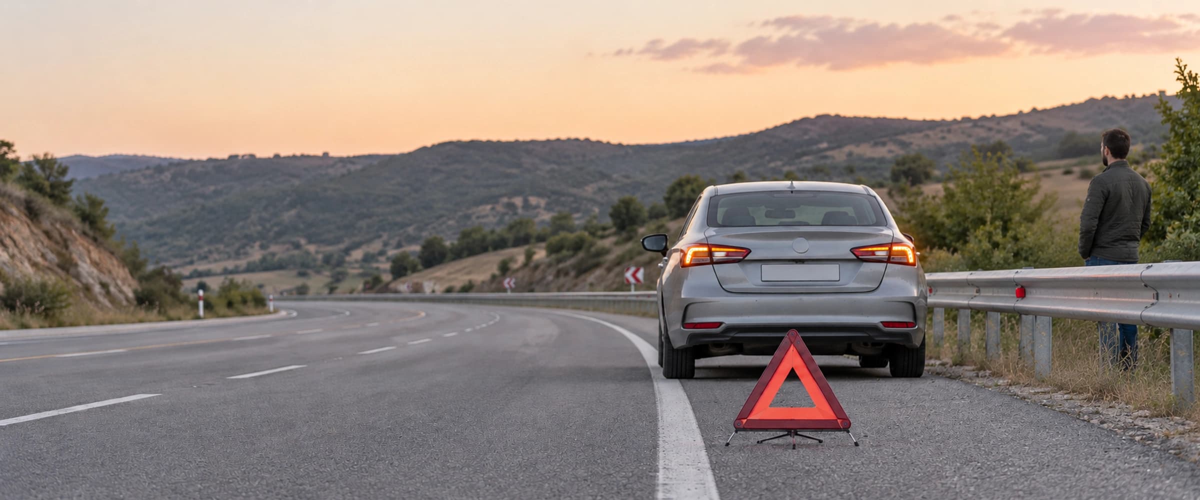 Yol kenarında dörtlü flaşörleri yanan bir otomobil, reflektör üçgeni ve bariyerin arkasında güvenli duran sürücü