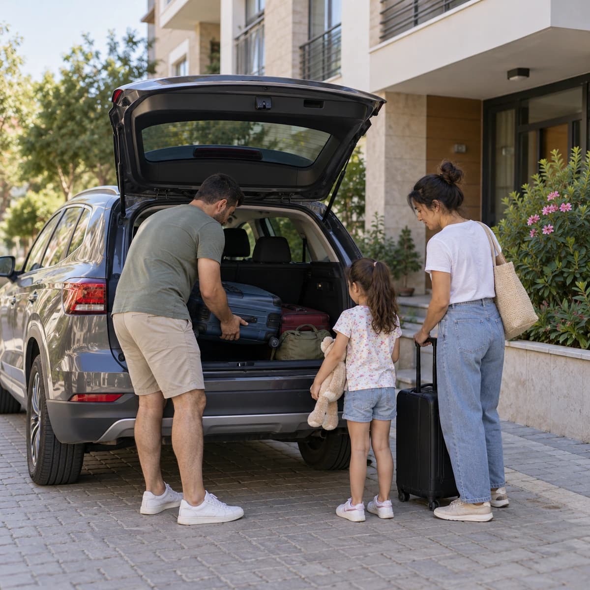 Sabah apartman önünde tatile çıkmak için araca eşya yükleyen aile