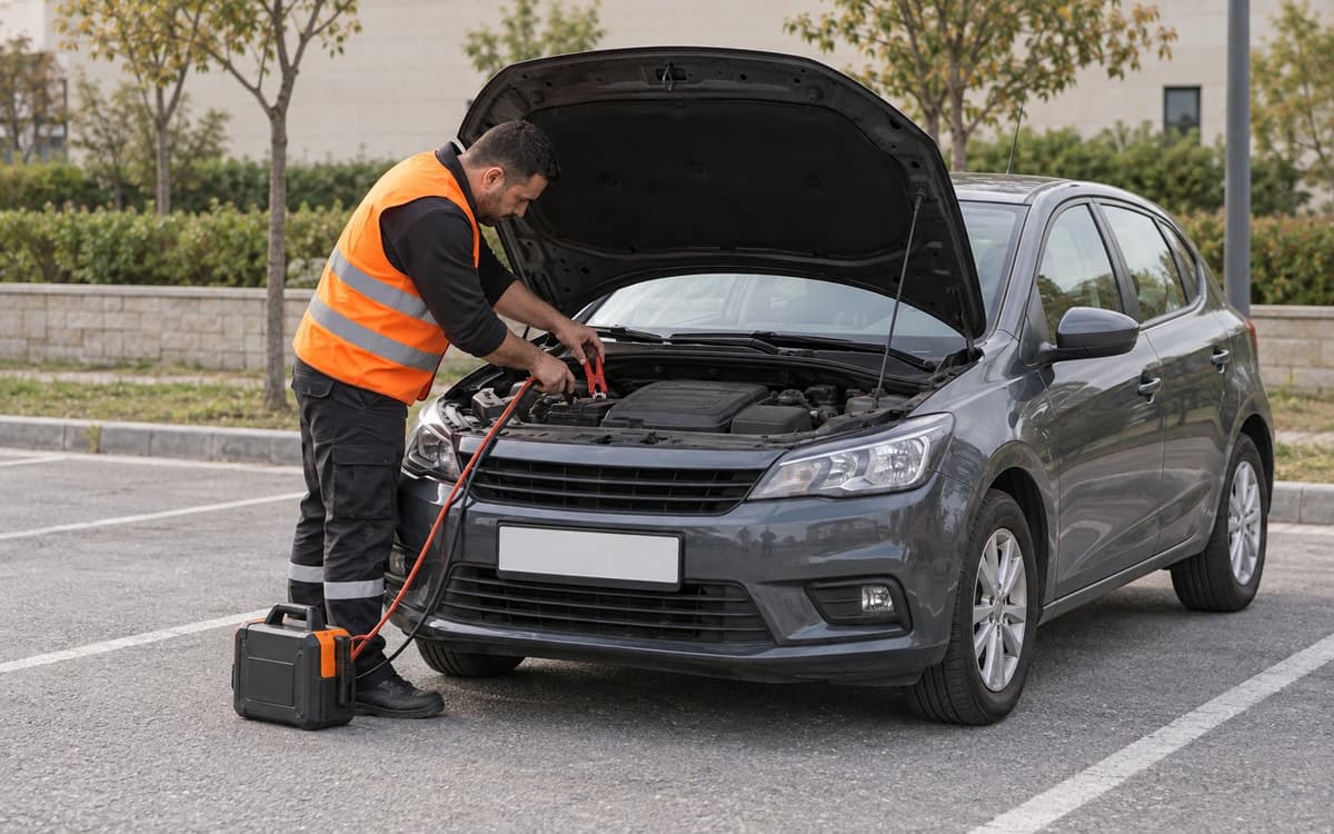 Takviye cihazı ile otomobilin aküsünü çalıştıran teknisyen
