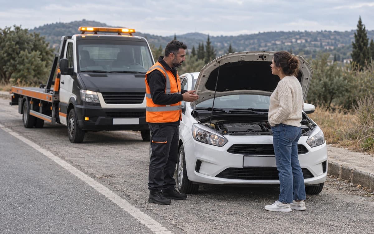 Yol yardım teknisyeni ile araç sahibi, kapağı açık aracın başında konuşuyor