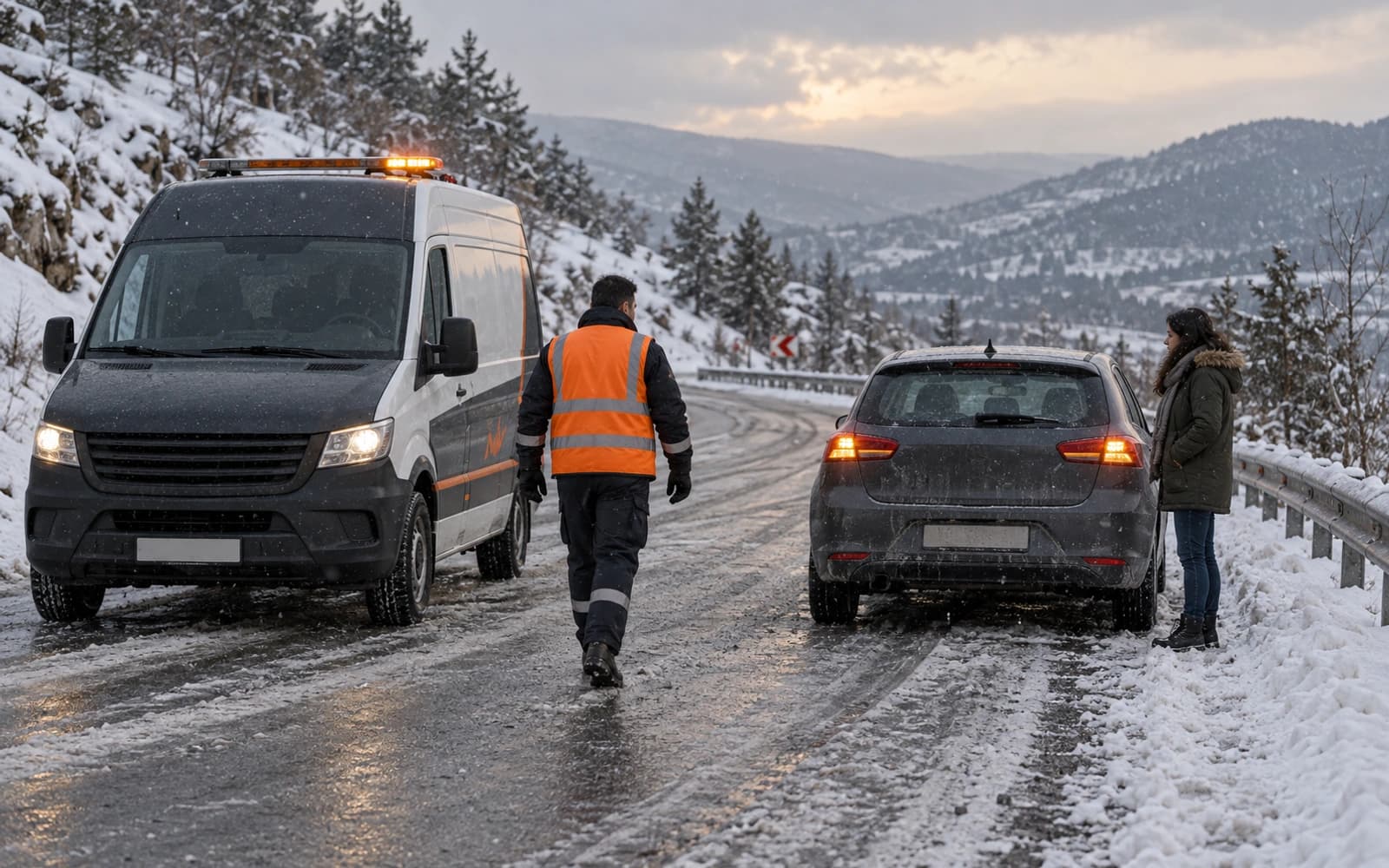 Karlı bir dağ yolunda dörtlüleri yanan bir araca ulaşan yol yardım teknisyeni