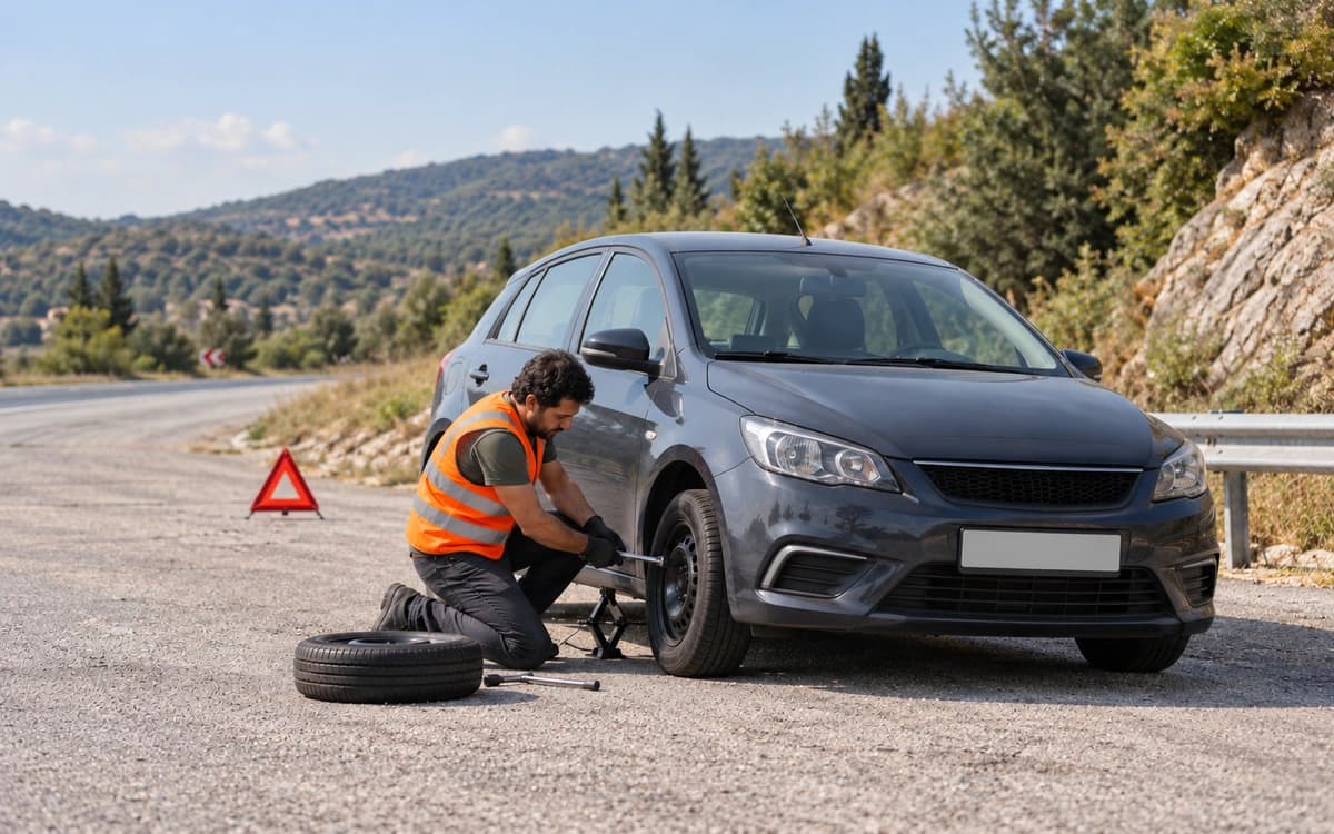 Yol kenarında kriko ile kaldırılmış aracın tekerleğini değiştiren teknisyen
