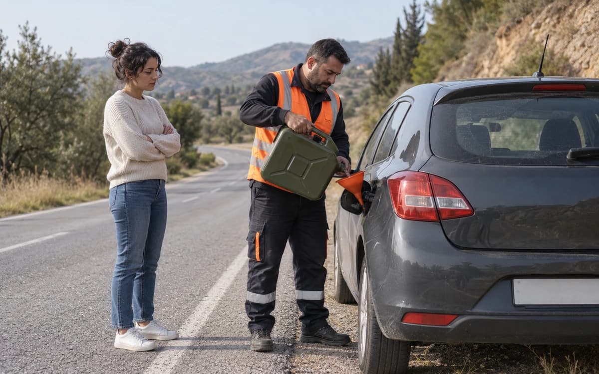 Yol kenarında yakıt kabıyla aracın deposunu dolduran operatör