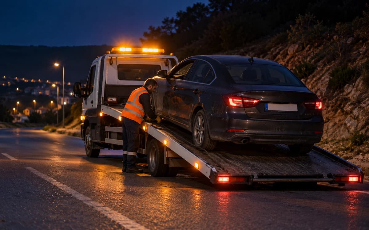 Çekicinin tepe lambasının turuncu ışığında gece yapılan bir araç yüklemesi