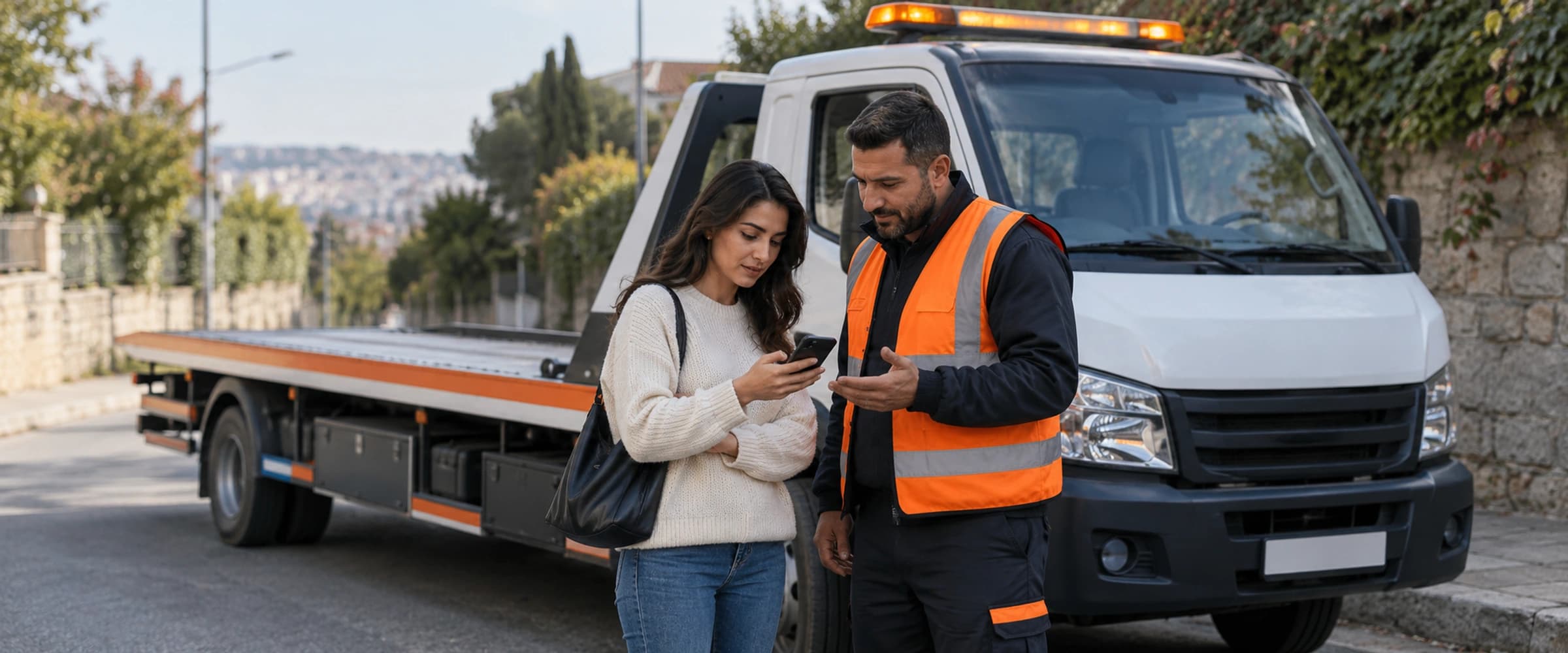 Gündüz bir çekicinin yanında, operatör sakin biçimde anlatırken telefonundaki fiyata bakan müşteri