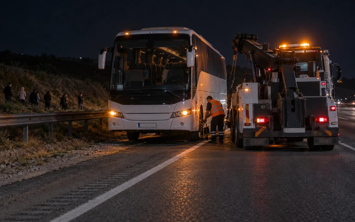 Gece otoyol kenarında duran yolcu otobüsü, yanında ağır kurtarma aracı ve el feneri tutan operatör