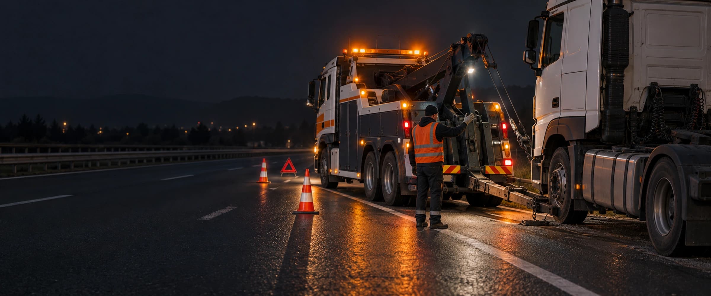 Gece otoyol banketinde bomu inik ağır kurtarma aracı, tır çekicisine bağlanıyor; operatör turuncu yelekle yönlendiriyor