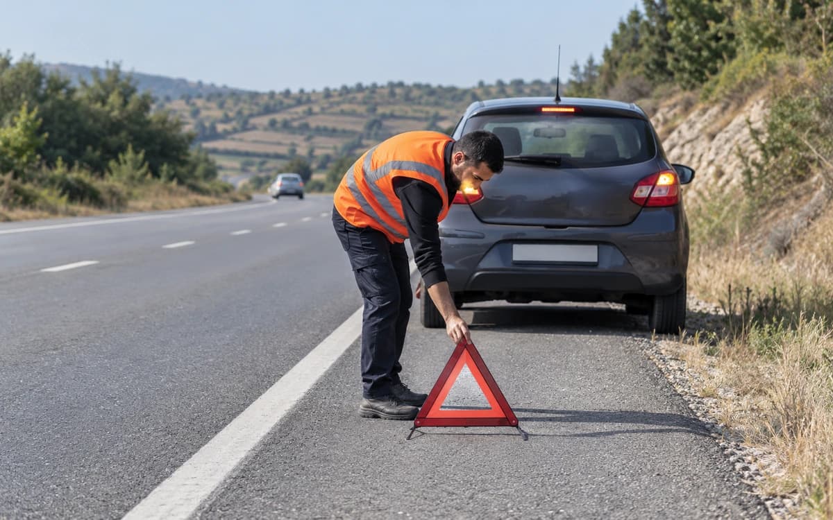 Yol kenarında dörtlüleri yanan otomobilin arkasına üçgen reflektör koyan sürücü