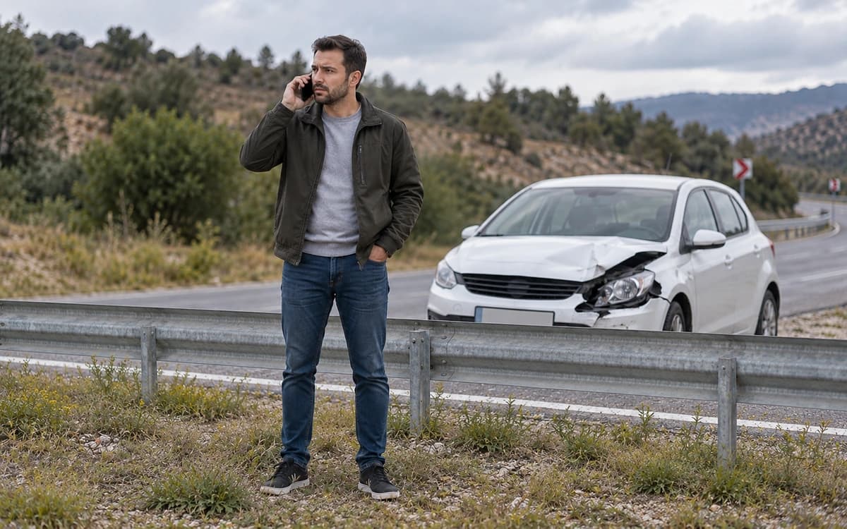 Bariyerin arkasında telefonla konuşan kişi, arkada hafif hasarlı araç