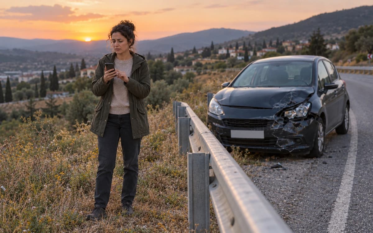 Yol kenarında araç yanında telefondan çekici talebi oluşturan kişi