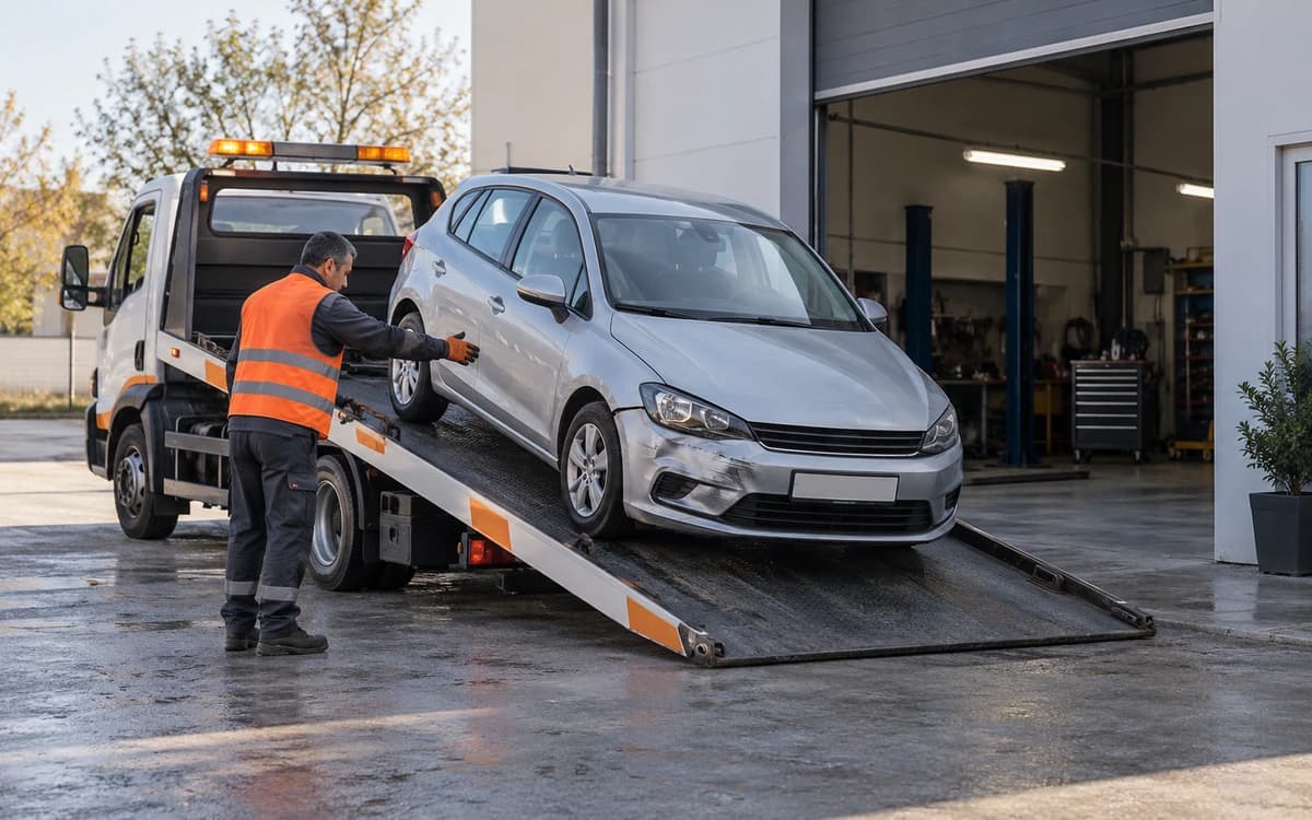 Hasarlı aracın servis girişinde kayar kasadan indirilmesi