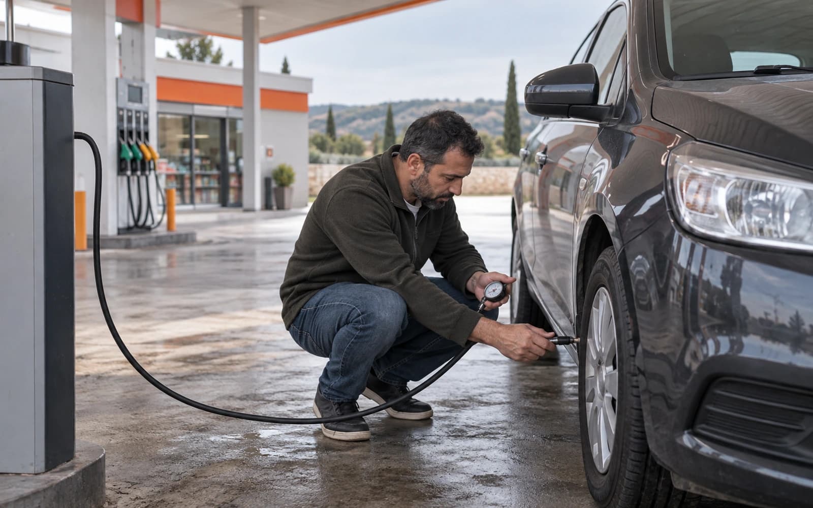 Bir baba, yolculuk öncesi benzinlikte otomobilin lastik basıncını kontrol ediyor