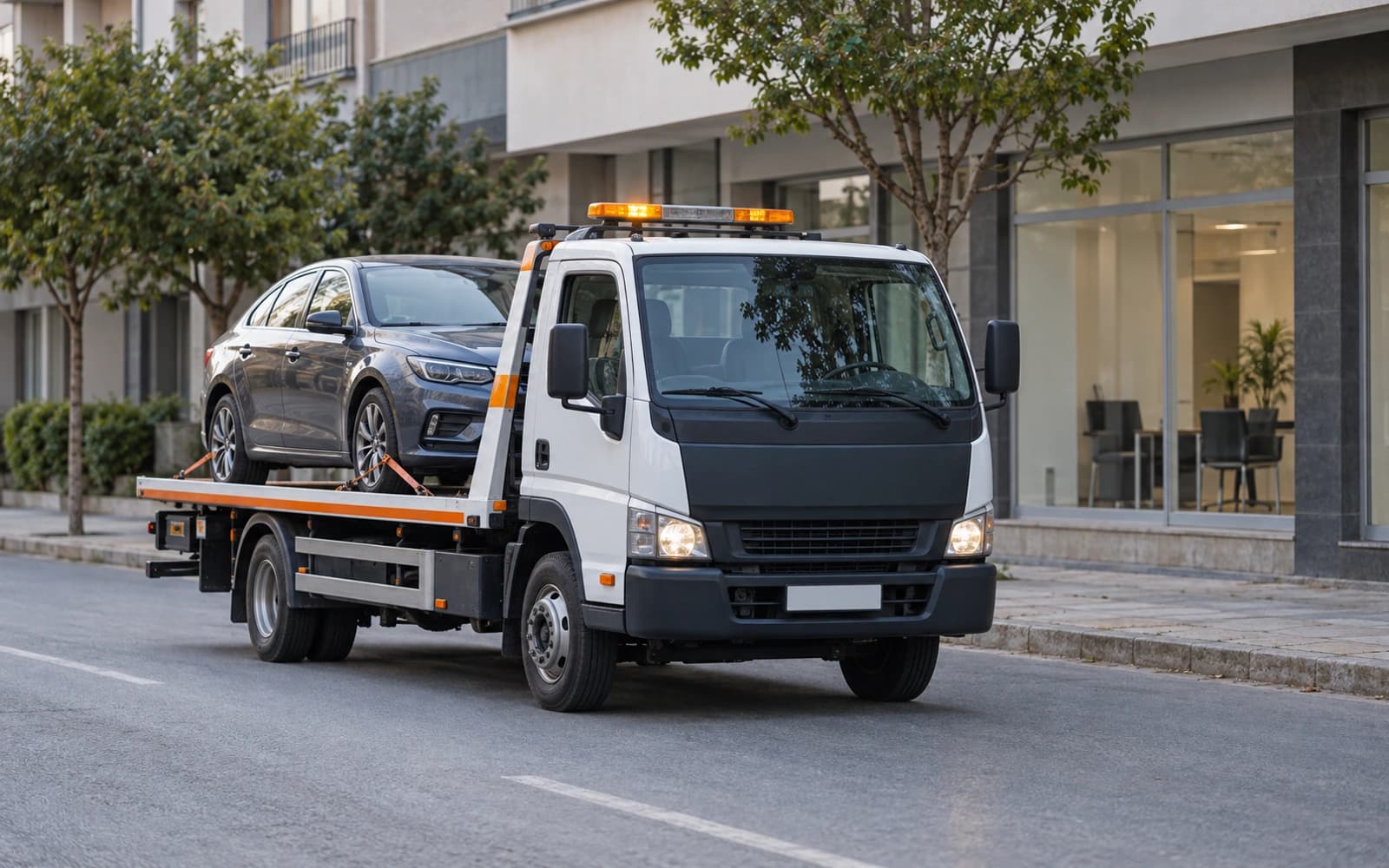 Sıradan bir sokakta, araç taşıyan kayar kasalı çekici; tabelasız dükkânlar önünden geçiyor