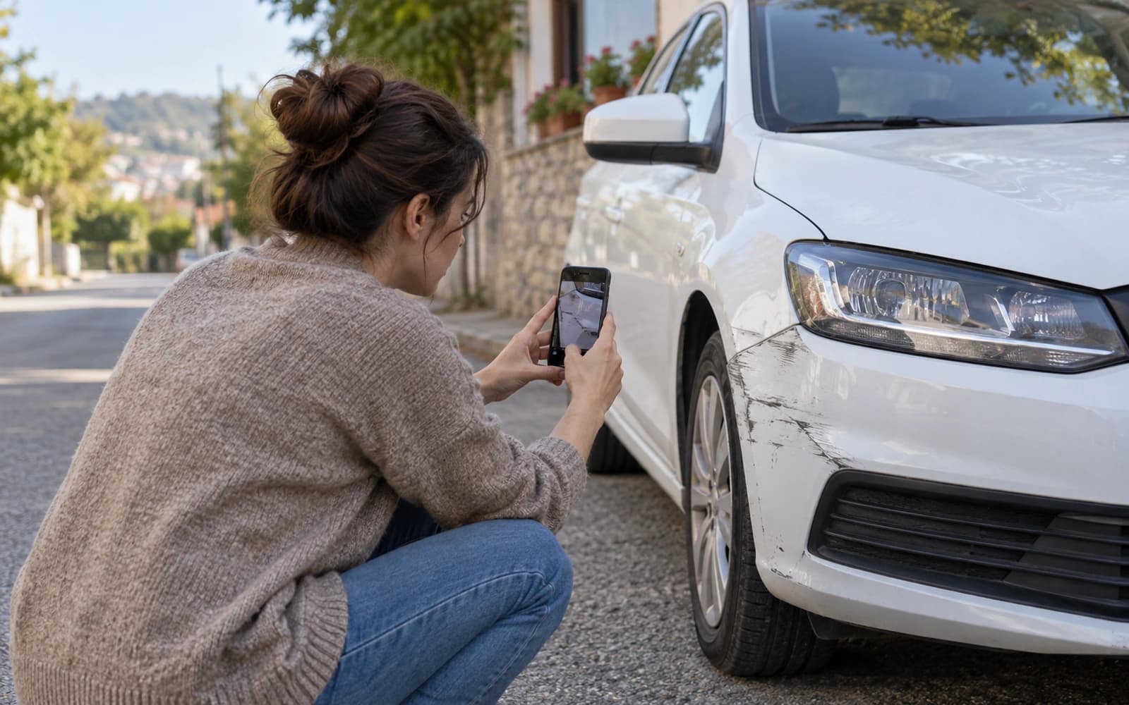 Bir sürücü telefonuyla otomobilindeki küçük hasarı fotoğraflıyor