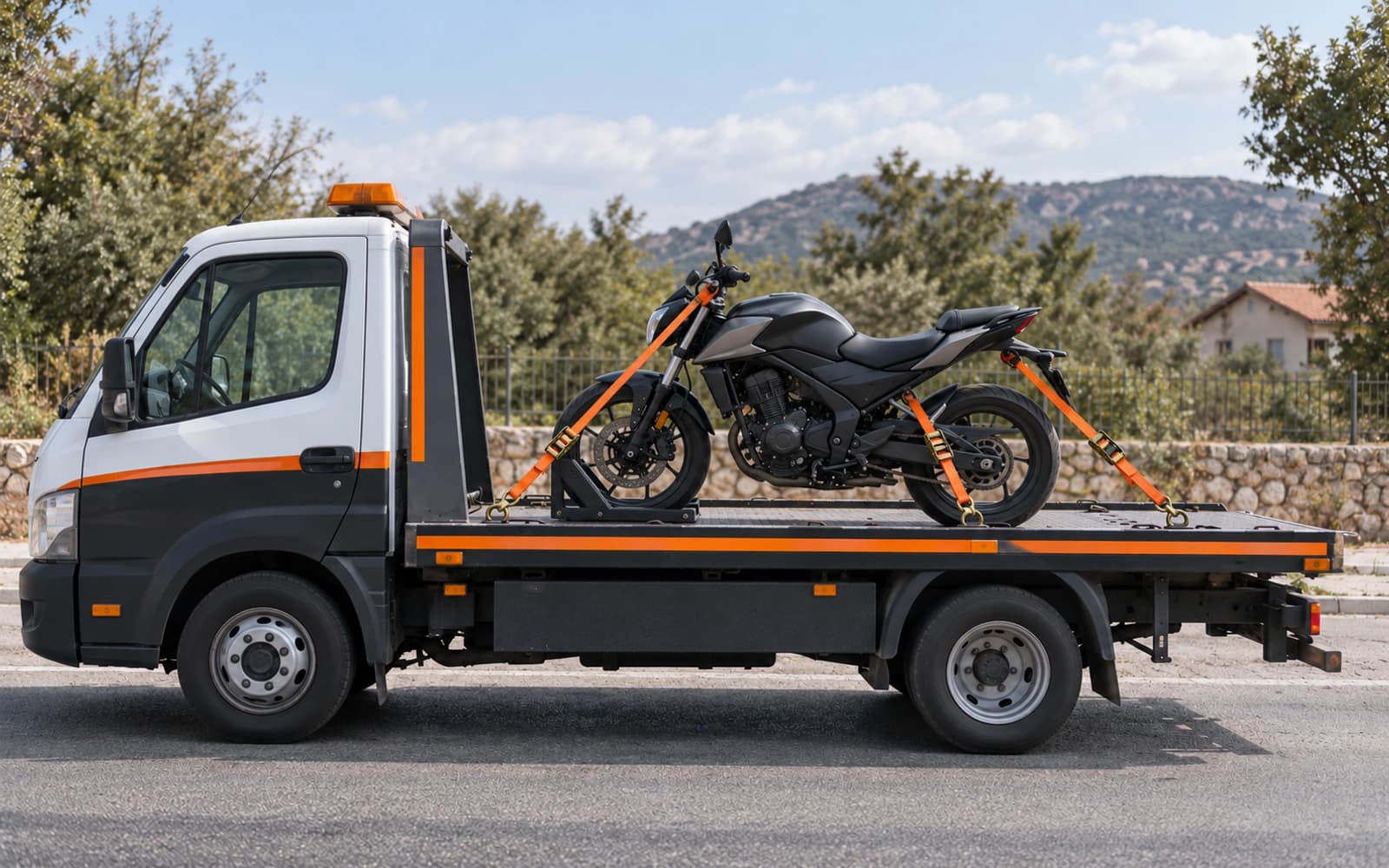 Kayar kasa üzerinde dik duran motosiklet; ön tekerlek takozda, yumuşak halkalı kayışlar gidondan aşağı ve dışa doğru çekilmiş, arka çerçeveden ayrıca bağlı