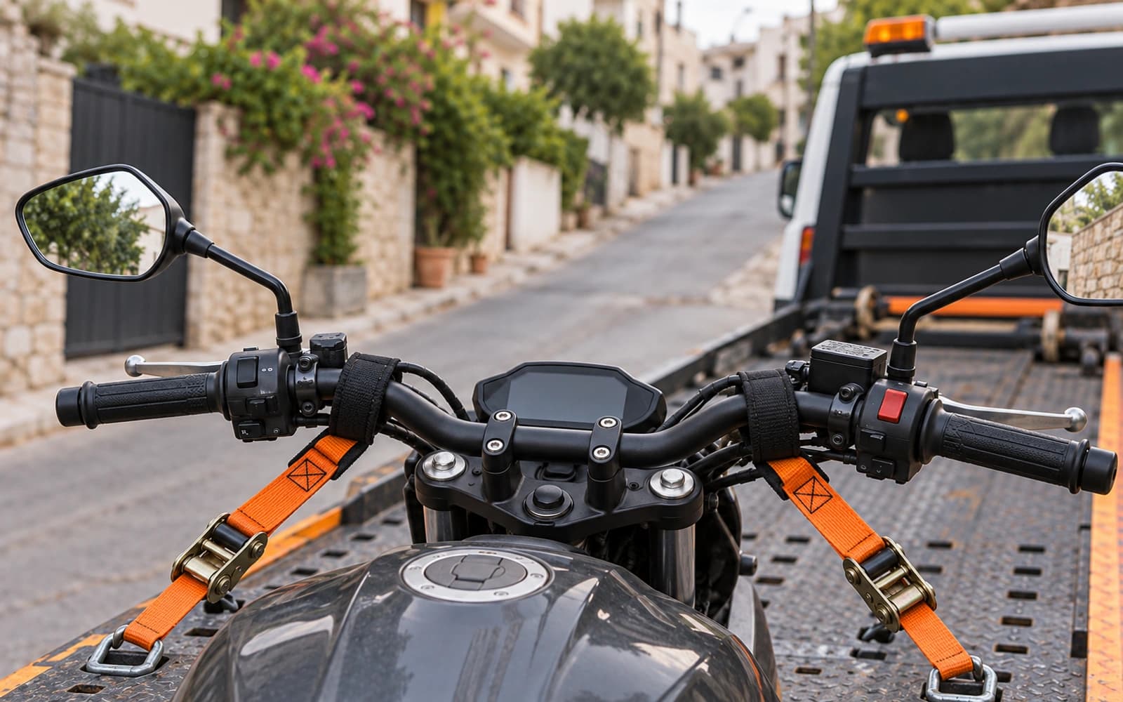 Bir motosikletin gidonuna geçirilmiş yumuşak taşıma kayışları, yakın çekim